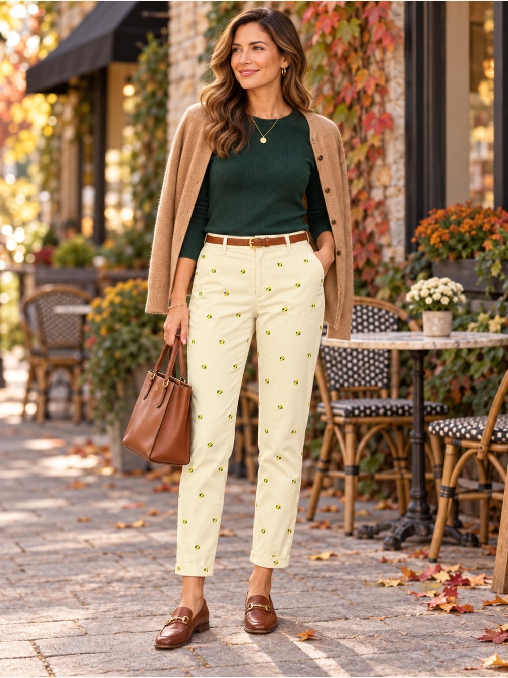 Talbots Ivory Embroidered Lemon Ankle Pants Preppy Women’s Coastal Resortwear
